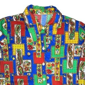 Vintage Womens Ship N Shore Blouse Bright Paisley Floral Retro 60s 70s XL/2X